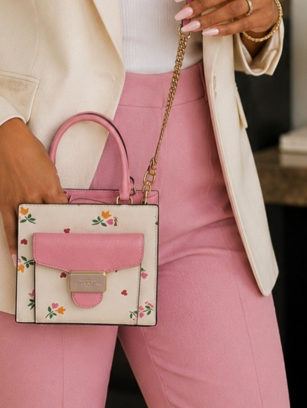 Coach Cream Mini Tote with Pink Floral Accents and Gold Chain